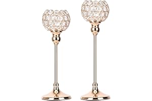 Queta Świecznik kryształowy w stylu vintage, zestaw 2 szt. do świec pieńkowych, do salonu, dekoracja stołu, na wesele, Boże Narodzenie, urodziny, 32 cm i 37 cm wysokości (złoty)