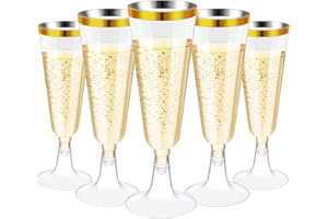 SITAYAKUMA Copas de Champán de Plástico, 25 Pcs Flautas de Champán Reutilizable, Vasos Plastico Duro Dorada Irrompibles y Apilables, Copas de Cava Plastico para Fiestas, Bodas, Cumpleaños y Navidad - 150ml