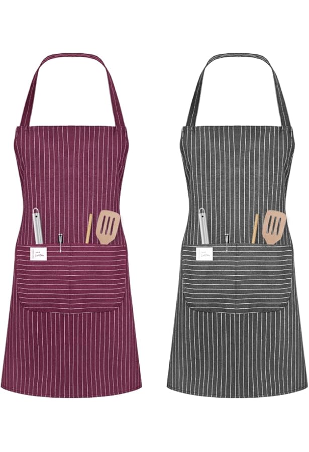 XIEJINJIA Set van 2 verstelbare canvas schorten met 2 zakken, kookschort, koken, bakken, tuin, voor vrouwen en mannen, beige