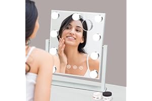Teousev Vanity Mirror with Lights, Hollywood Lighted Makeup Mirror with 9 Dimmable LED Bulbs, 3 Color Lighting Modes, Detachable 10X Magnification, 360°Rotation,White