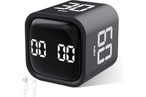 Cuteefun Cubo Temporizador, Pomodoro Timer Rotativo, 5/10/30/60 Minutos y Cuenta Atrás Personalizada, Temporizador Digital con Vibración, Alerta Sonora Ajustable para Cocina, Estudio, Reunión, Negro
