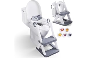EzyWay Potty Training Seat with Training Stickers, Upgraded Toddler Toilet Seat for Kids Boys & Girls, 2 in 1 Potty Training Toilet for Kids with Splash Guard Anti-Slip Pad Step Stool (Grey)