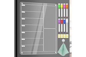 Get Classy Magnetic Acrylic Meal Planner & Weekly Menu Board for Fridge – Clear Dry Erase Calendar with 8 Markers – Grocery List, to-Do, Chore Chart & Shopping Organizer Noteboard