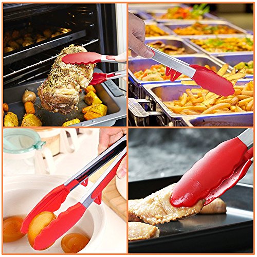 Zilong Küchenzangen/Silikon Grillzangen 9 Zoll + 12 Zoll Antirutsch und Edelstahl Zangen/Silikon Zangen/Küchenhelfer/Küchenzubehör perfekt für Kochen,Grill,Salat,Buffet,usw. Rot,2 Stk. - 2
