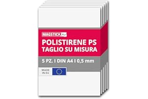 Magstick 5 fogli di polistirene compatto bianco - HIPS I DIN A4 fogli di plastica rigida PS grezzi I 29,7 x 21 cm I 0,5 mm di spessore I per modellismo architettura fai da te I mag259