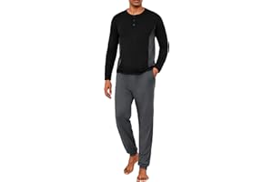 Marvmys Pijamas Hombre Largo Invierno Algodon Conjunto Manga Larga Cuello Redondo Colores Contrastantes Tops Pijama con Puños Pantalones con Bolsillo y Puños