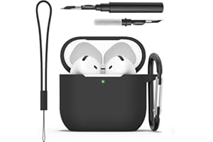 WOOZ Silicone Case for AirPods 4 Cover 2024, with Cleaner Pen & Carabiner, Protective Apple Airpods 4 Case, Effective Impact and Scratch Protection (Black)