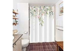 Uiiooazy Cortina Ducha Hojas Verde, Cortina de Ducha Hojas di Eucalipto Flores Rosa Plantas Cortinas de Baño Antimoho Impermeable Lavable Tejido de Poliéster Cortinas de Ducha con Ganchos 150x180cm