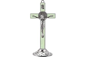 WenRity 7.5 Inch Metal Enamel Saint Benedict Standing Crucifix Removable Base Glow in The Dark Crucifix Wall Cross Home Altar Christian Chapel Decor Religious Gift (Luminous Green)