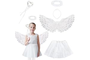 Huahuanghui Engel Kostüm,Engel Flügel Kinder,Weiße Engelsflügel Set mit Federflügel Heiligenschein Zauberstab Engelsrock,Halloween Karneval Fasching Kostüm Mottoparty 2-7 Jahre