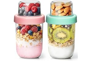 ComSaf Zestaw 2 szklane słoiki na owsiankę 480 ml + 120 ml, pojemnik na jogurt i płatki owsiane z podwójną warstwą, słoik z pokrywką hermetyczną do meal prep i pełnowartościowych śniadań