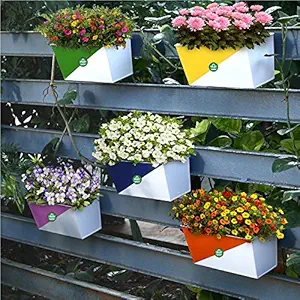 GHARDECOR Metal Railing Hanging Planter for Home Balcony Garden Indoor and Outdoor Plant Stand with Detachable Handles Multicolour Set of 5