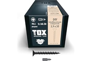 TOX Schnellbauschrauben DRY GG 3,9 x 30 mm M, Schrauben schwarz phosphatiert mit Trompetenkopf + Grobgewinde, Gipskartonplatte auf Holz-Unterkonstruktion, PH2, 1000 Stück, inkl. 1x Bit, 142353213930