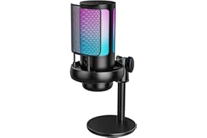 Anykuu Mikrofon Pojemnościowy RGB 24-bit/192 kHz Mikrofon do Gier z 7 Zmiennymi światłami Mikrofon do Karaoke USB z Wyciszeniem Jednym Klawiszem do Gier/Studia/Youtube/Karaoke/Podcastingu