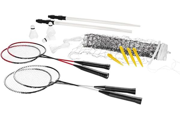Crivit Badminton Kit complet pour 4 joueurs : 4 raquettes, 3 volants, filet de jeu, tendeurs et dispositifs d’ancrage au sol.