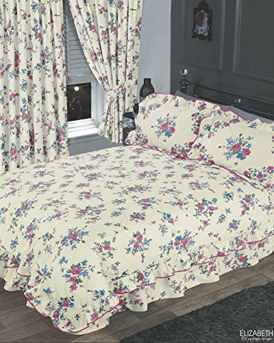 Elizabeth Blue, Single Bed Duvet / Quilt Cover Set, BY THE CAMEO COLLECTION, Traditional Floral Frilled Bedding Set, Rose Flowers Cream Pink Green