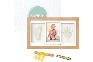 HuBorns - Baby Hand and Footprint Kit - New Born Gifts & Keepsakes - Non-Cracking Clay Baby Footprint Kit & Handprint Kit - New Baby Essentials & Baby Accessories - New Mum Gifts (Wood letters)