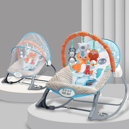 INFANTSO Baby Rocker & Bouncer for 0 to 2 Years (Blue), Portable Rocker for Newborn with Mosquito Net, Calming Vibrations, Soft Music & 3 Hanging Toys, 5-Point Safety Harness