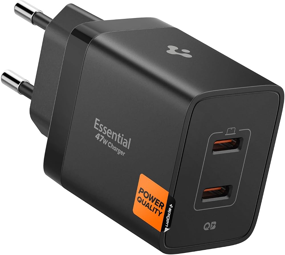 Spigen 47W USB-C 2 Port Mini Hızlı Şarj Aleti PPS 2.0 Super Hızlı Şarj GaN Pro Isı Düşürücü Güç Adaptörü Akım Koruma iPhone & Android & iPad & MacBook Type-C Black - ACH09457