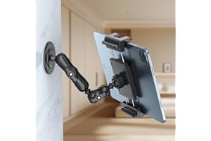 PLDHPRO Support Tablette Mural iPad Auto-Adhésif, Support Mur Carrelé sans Perforation pour Samsung/Switch/fireHD, Bras Longs Rotatif Réglable ABS Compatible Table Cuisine Salle de Bain 5,1" à 15,6"