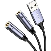 MOSWAG Externe USB Soundkarte Adapter, USB auf 2 x 3.5mm Buchse Aux Audio Konverter Kabel für Windows, Laptops, Desktops Wind