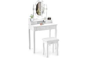 COSTWAY Toaletka z oświetleniem LED, regulowana jasność, toaletka z 4 szufladami, taboret i lustro obracane o 360°, toaletka do sypialni (biała)