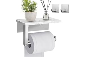 ASSTIKOO Porte Papier Toilette avec étagère en Marbre 17cm, Porte-Rouleau Toilette Mural, Porte-Papier Toilette à Percer, Porte Rouleau Murale pour Cuisine et Salle de Bains-Argent