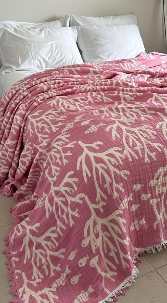 Mercan Desen 4 Katlı Müslin Pike Yatak Örtüsü Battal Boy 240x260 cm Pembe
