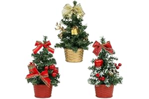 ‎BELLE VOUS Belle Vous Künstliche Mini Weihnachtsbaum Dekoration Gold und Rot mit LED (3 Stück) - 20 cm - Mini Tannenbaum Dekoriert mit Beeren, Tannenzapfen & Schleifen für Haus, Tisch und Wohnzimmer