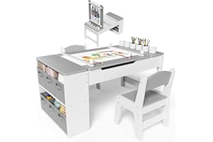 Clevich Kindertisch mit 2 Stühlen, Tisch-Stuhl Set Holz, Kindersitzgruppe mit Stauraum, Maltisch mit Papierrolle, Mal und Basteltisch für ab 3 Jahre (Grau)