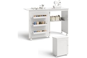 ‎COSTWAY COSTWAY 2 in 1 Nähschrank & Schreibtisch klappbar, Nähtisch aus Holz mit 3 Einlegeböden für Spulen & feststellbare Rollen, Nähmaschinenschrank für Wohnzimmer, Schlafzimmer & Büro(Weiß)
