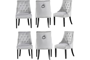 P&N Homewares - Windsor Chair - Light Grey (6 SET) | Tufted Velvet Fabric | Door Knocker | Studded Dining Chair | FREE NEXT DAY DELIVERY