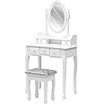 AVC Designs White Dressing Table, Oval Mirror & Stool Set (5 Drawer) Bedroom Makeup Desk
