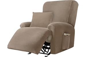 Alishomtll 4 Pieces Recliner Chair Covers, Stretch Velvet Recliner Sofa Covers, Washable Armchair Slipcovers Furniture Protector for Living Room, with 1 Cushion Cover and 2 Pockets (1 Seater Khaki)