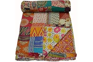 estationeryhouse Indiskt kantha-täcke i vintagestil, handgjort överkast, vändbart överkast, bomullstyg, bohemiskt täcke