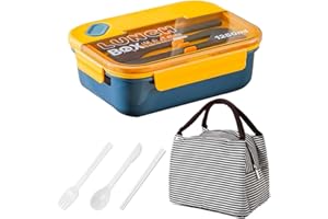 Tohoee Scatole Bento 1250ml Bento Box Ermetico Senza BPA con 3 Scomparti e Posate Porta Pranzo da Ufficio Scuola Sicuri per Microonde e Lavastoviglie per Adulti e Studenti