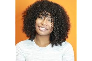 ROMFACE Perruque avec Frange Cheveux Bresilienne Femme Naturelle avec Frange Court Afro Kinky Curly Hair Wigs Human Hair 180% Densité Curly Pour les Femmes Noires Glueless (16 Pouce,1B)