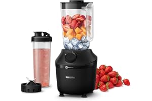 Philips Blender Kielichowy, Moc 450 W, Dokładne blendowanie - Technologia ProBlend, Pojemny dzbanek o pojemności 1,9 L, Butelka do smoothie w zestawie, Kolor Czarny (HR2041/41)