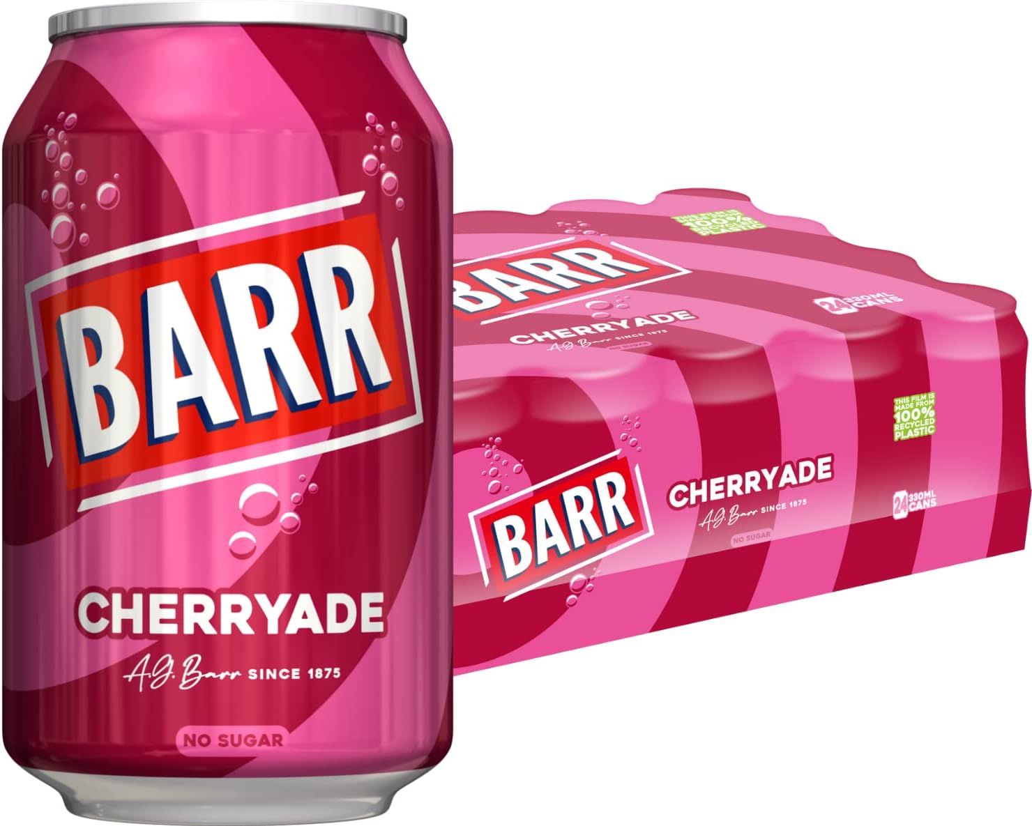 BARR 24 Pack Cherryade, Zero No Sugar Cherry Flavoured Fizzy Drink Cans, Sparkling Fizzy Pop, 24 x 330ml Cans