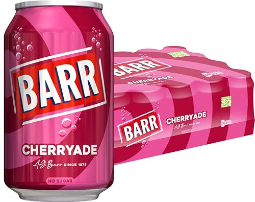Barr Cherryade Zero Sugar Sparkling Soft Drink, 24 Pack, 330ml Cans | Juicy, sweet cherry-flavoured fizzy drink with a bright ruby red color and bold taste.