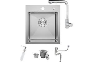 BoomHoze Small Sink with Kitchen Sink Mixer Tap, 40 x 45 cm Drop in Topmount Stainless Steel Campervan Bowl, Brushed Nickel Single Bowl with Soap Dispenser, Siphon, for Small Kitchen, Bar, Restaurant