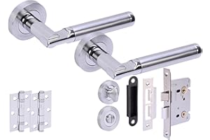 HUNTA HANDLEZONE® Lacerta Premium Door Handles on Rose Bathroom Lock Pack with 75mm Ball Bearing Hinges and 76mm Lock - Dual Polished/Satin Chrome