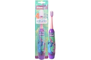 MR WHITE Disney Stitch Brosse à dents électrique à piles pour enfants – Poils arrondis doux, vibrations améliorées, capuchon de protection et batterie incluses | Soins bucco-dentaires doux et amusants pour les