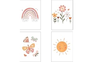 Taicols 4er Set Bilder Kinderzimmer, Poster Kinderzimmer Deko Mädchen, DIN A4 Poster Babyzimmer Mädchen Deko Boho Wandbilder Deko