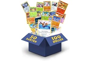 HEART FOR CARDS Heartforcards® 50 Original Verschiedene Pokemon Karten | Deutsch | 3X Holo | 3X Rares | 1 zufällige Pikachu/EvoIi/Glumanda/Dedenne | Sammelkarten aus aktuellen Sets | für Weihnachten + 100 Hüllen