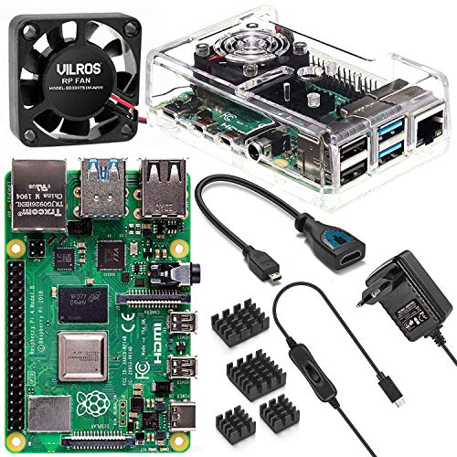 Vilros Raspberry Pi 4 Model B Basic Starter Kit - Kit con Carcasa con Ventilador - Incluye: Raspberry Pi 4 Modelo B con 5 Accesorios Esenciales Transparente Carcasa Transparente. 2 GB