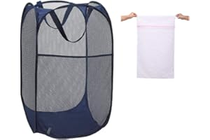 IVALLEY PREMIUM COLLECTION Premium Pop-Up Laundry Hamper, Foldable Pop-Up Mesh Hamper with Reinforced Carry Handles, Ultra Durable Laundry Basket 36mm x 36mm x 65mm bundle with Laundry Bag by IValley (DARK BLUE)