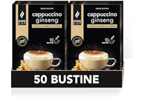 King Cup - 5 Paquetes de 10 Sobres Solubles de Cappuccino de Ginseng con Azúcar de Caña, 50 Stick de 10 Gr para Bebida con Sabor de Ginseng da Agregar a 60 ml de Agua Caliente, Sin Gluten y Lactosa