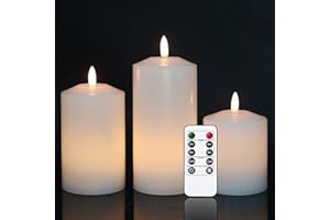 Eldnacele White Flameless Pillar Candle Flickering with Remote Timer, Real Wax 3D Wick Battery Operated LED Candles Pack of 3 for Wedding Party Halloween Christmas Home Decoration
