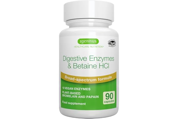 Enzymes Digestives & Bétaïne HCl, 90 Capsules, Complexe Avancée de 10 Enzymes Digestives compris Bromélaïne, Papaïne, Lactase, Lipase, Formule Pure et 100% Végétale - par Igennus